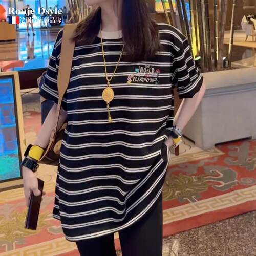 法国Rouje Dsyle字母刺绣条纹中长版短袖T恤女夏季百搭显瘦上衣潮