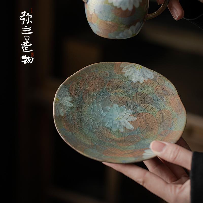 弥言纯手绘野菊陶瓷壶承复古小号茶台陶瓷干泡盘家用养壶垫纯手工图片