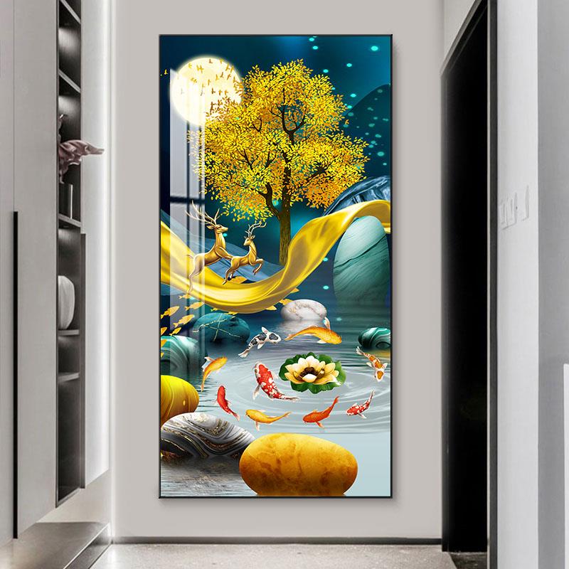 网红进门户东墙玄关正对门装饰画走廊过道壁挂入画九鱼图墙瓷画高
