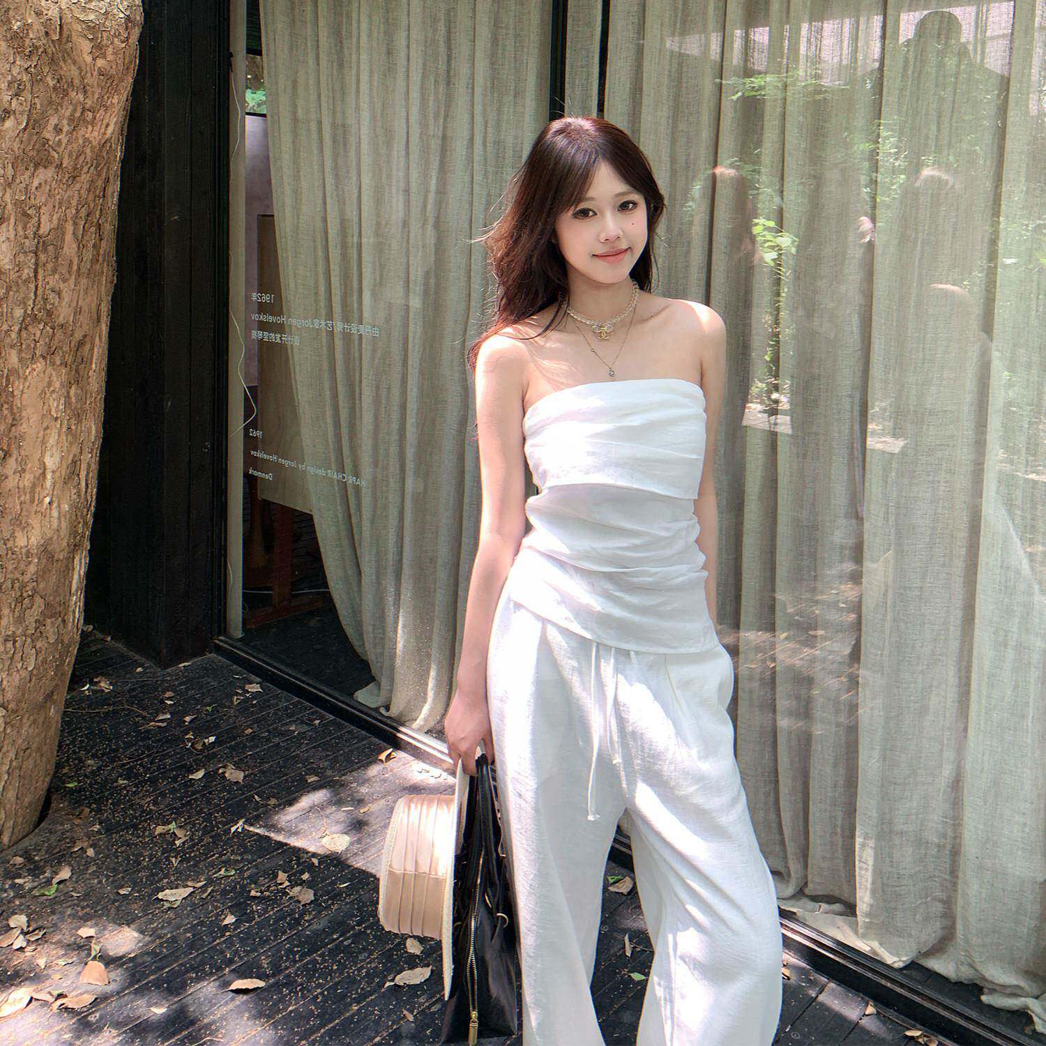aassss天然亚麻显瘦抹胸上衣女夏季白色简背心慵懒风外穿休闲吊带