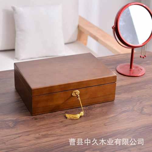 木质复古带锁珠宝首饰收纳盒翻盖式实木首饰盒珠宝首饰分格储物盒