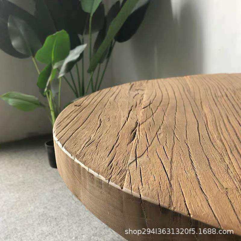 厂家供应老榆木圆桌餐桌家用圆形餐桌椅组合新中式风化纹理小炕桌
