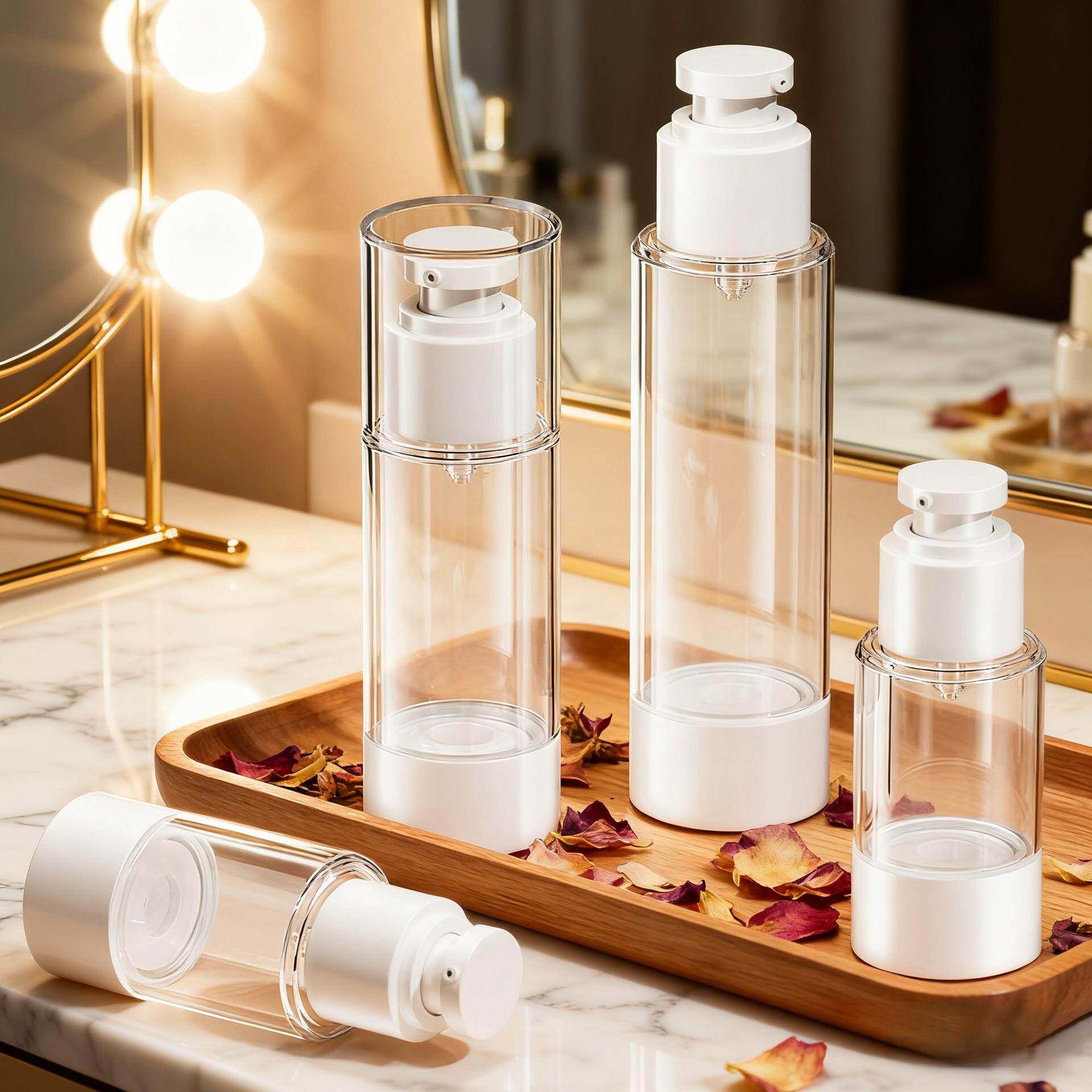 Travel-sized vacuum spray bottles for cosmetics, including s