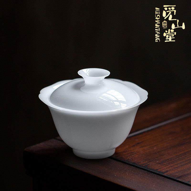德化冰种玉瓷盖碗白瓷沏茶碗家用陶瓷泡茶碗羊脂玉花瓣盖碗敬茶碗
