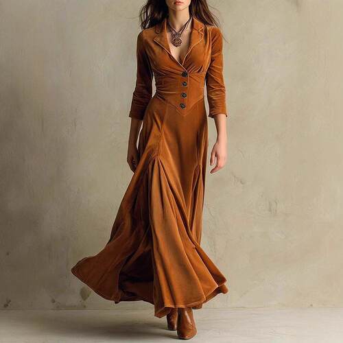 Flip collar seven quarter sleeve long dress, waist