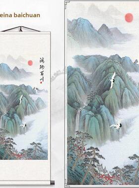 客厅竖版海纳百川山水画卷轴挂画办公室背景靠山过道国画装饰画