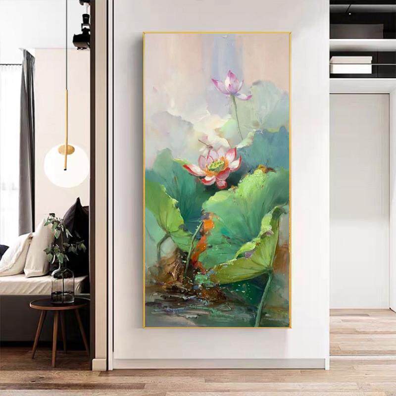 纯手绘荷花油画新中式入户玄关走廊尽头莲花壁画手工绘制花卉挂画