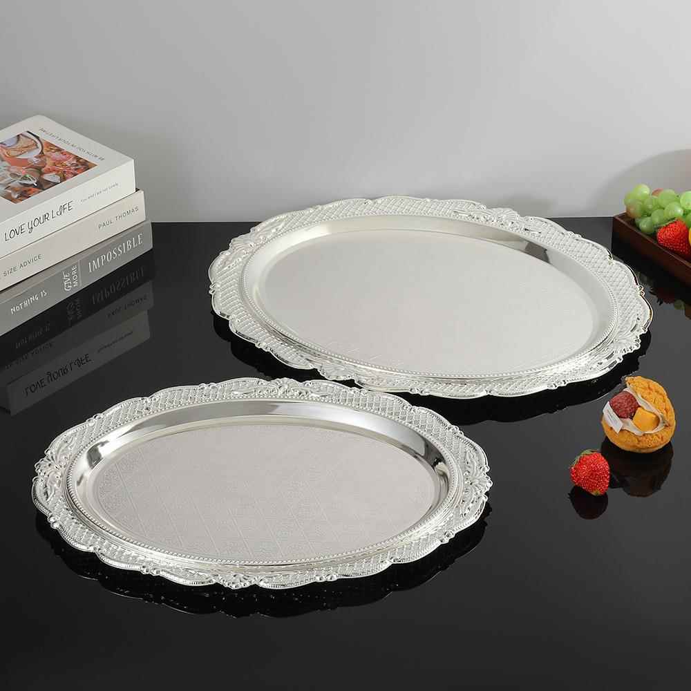 铁艺复古雕花银色托盘咖啡茶杯垫椭圆银色盘子碟子摆件甜品盘