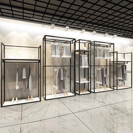 服装店铺展示架带板实木双层落地式货架挂衣架男女装店多层铁艺