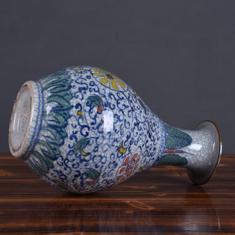 手绘青花陶瓷花瓶摆件仿古裂纹釉官窑玉壶春瓶陶瓷花瓶博古架装饰