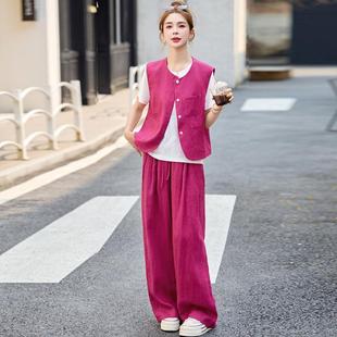 夏新款时尚女裤套装洋气减季龄显瘦马甲上衣高腰阔ZBU255B腿三件