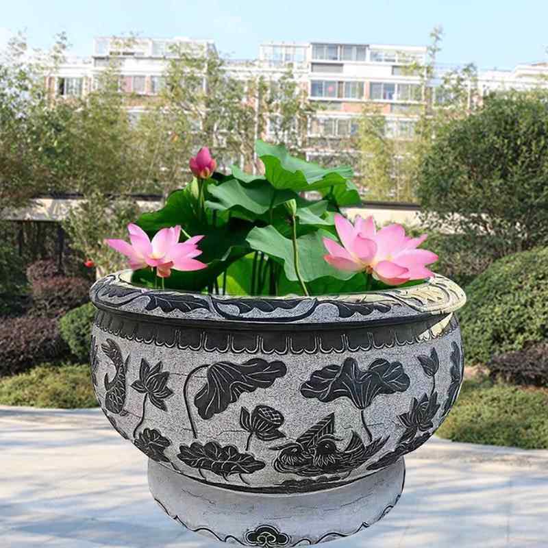 石雕荷花池鱼缸石材门海圆缸花盆庭院青石头槽养鱼池手工雕刻鱼缸