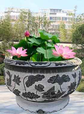 石雕荷花池鱼缸石材门海圆缸花盆庭院青石头槽养鱼池手工雕刻鱼缸
