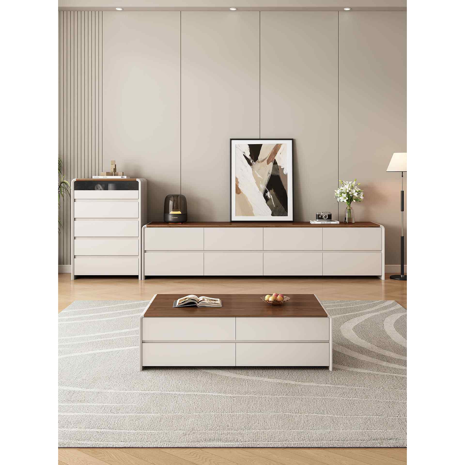 中古奶油风纯实木高款落地电视柜客厅家用收纳储物柜一体2025新款