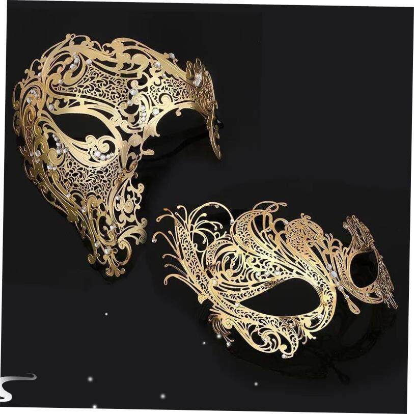 Topeng Logam Tengkorak Emas Hitam Halloween Berlian Imitasi - 实物图