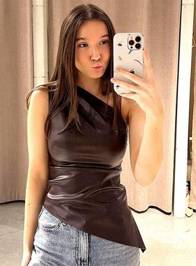 Single shoulder sloping collar zipper top 单肩斜领拉链上衣女