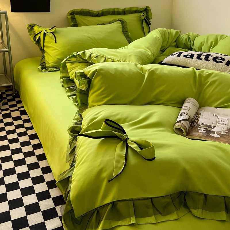 四宿舍床单三件套款蝴蝶结风心花边冰颜公主值少女件套高丝纯色