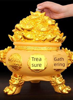 引进财富和宝藏聚宝盆饰品，存钱罐，金元宝工艺品，风水办公室开