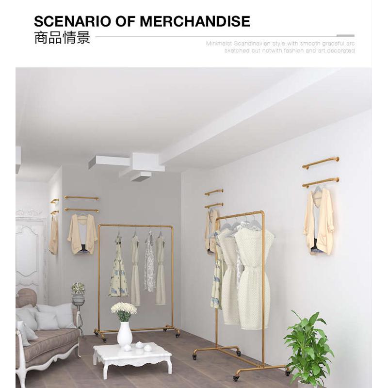 服装展示架加厚铁水管龙门架带滑轮简易促销落地架金色复古铁衣架