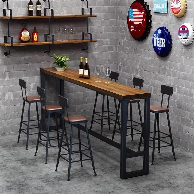 loft工业风复古酒吧咖啡厅奶茶店实木靠墙吧台桌椅组合铁艺高椅
