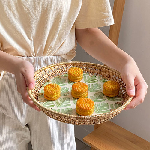 小清新藤编贝壳彩色收纳家用客厅高级轻奢早野餐糕点果盘餐厅盘子
