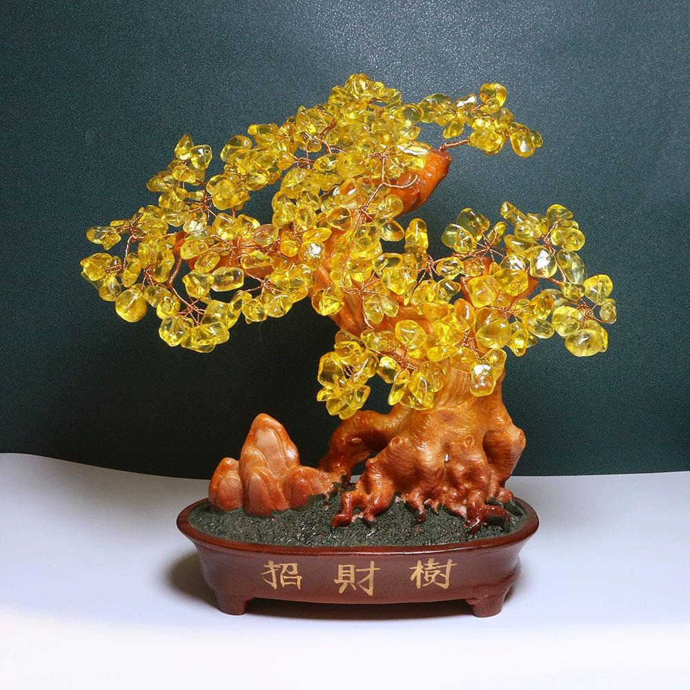 天然黄紫水晶招财树发财树招財金盆摆件酒柜装饰品家居客厅摇钱树