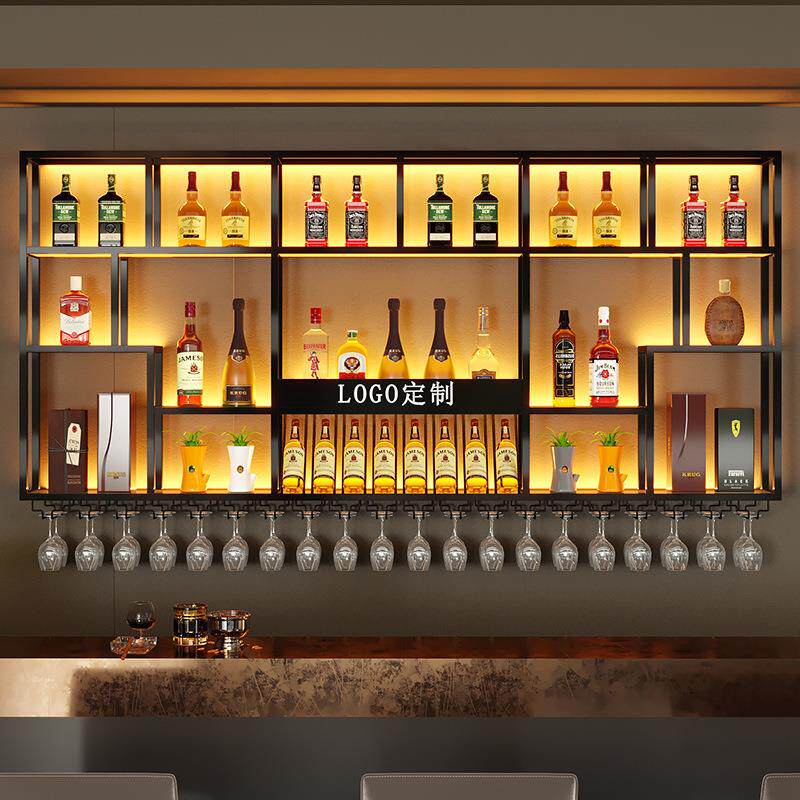 吧台带灯酒架酒柜壁挂式酒水展示架餐厅墙壁悬挂式红酒架铁艺多层