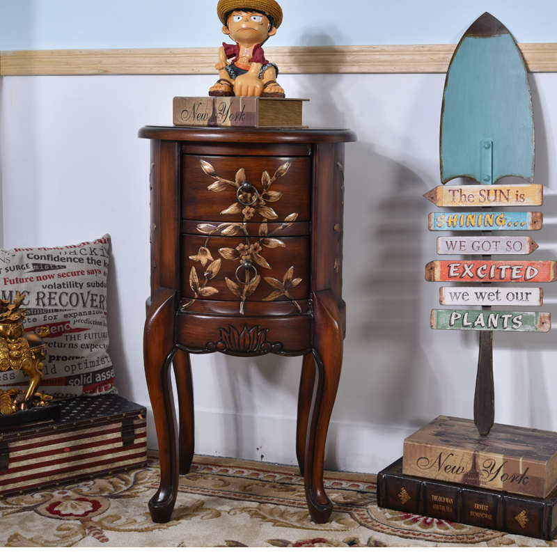 美式客厅实木沙发边几角几复古简约小圆桌茶几斗柜床头储物小边柜