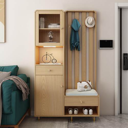 鞋柜可坐式挂衣架一体家用门口玄关柜换鞋凳原木色屏风客厅隔间柜