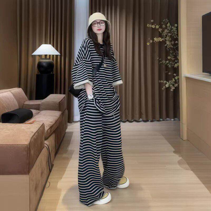 法国Rouje Moaks条纹套装女2026春夏季大码胖MM上衣+阔腿裤两套装