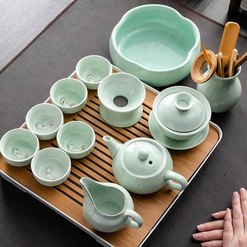 青瓷功夫茶具套组陶瓷鲤鱼家用盖碗茶壶茶杯小套办公简约茶道整套