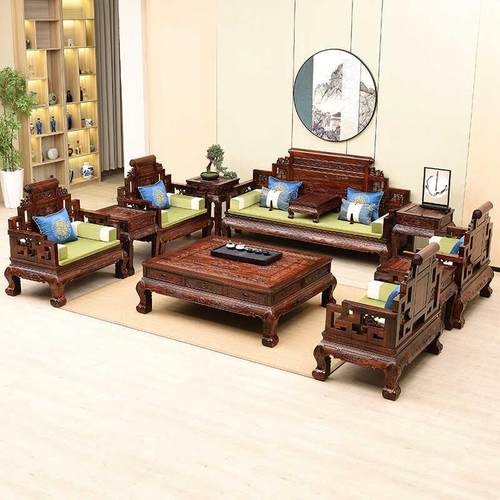 国标红木家具客厅全套印尼黑酸枝木沙发中式檀雕阔叶黄檀别墅家具