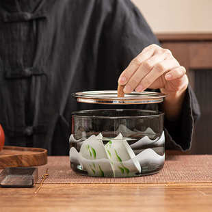 远山玻璃茶洗缸带盖子家用高端茶渣废水缸耐高温玻璃盖消毒锅 日式