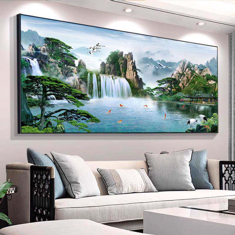 农村中堂山水挂画2025新款客厅装饰风景沙发背景墙壁流水生财字画