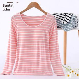 莫代尔棉带胸垫睡衣长袖T恤免文胸上衣单件秋衣春秋家居服打底衫