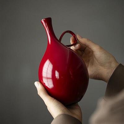 赭红陶瓷花器 国风中式桌面花瓶花插花道花艺水培瓶茶道