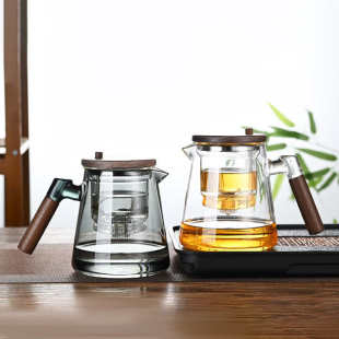 木把高硼硅玻璃飘逸壶 按压泡茶壶 家用茶水分离过滤沏茶壶 一键式