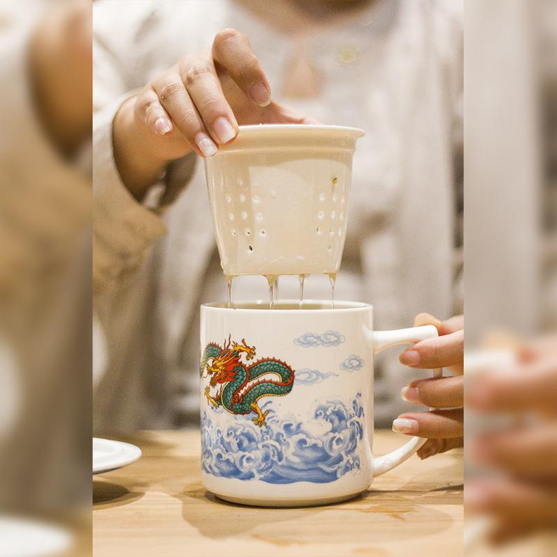 新款直销陶瓷直身茶漏盖杯两款画面带茶漏陶瓷会议杯商务办公水杯