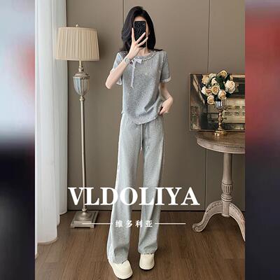 VLDOLIYA休闲运动套装女夏季洋派减龄灰色短袖蕾丝阔腿裤两件套