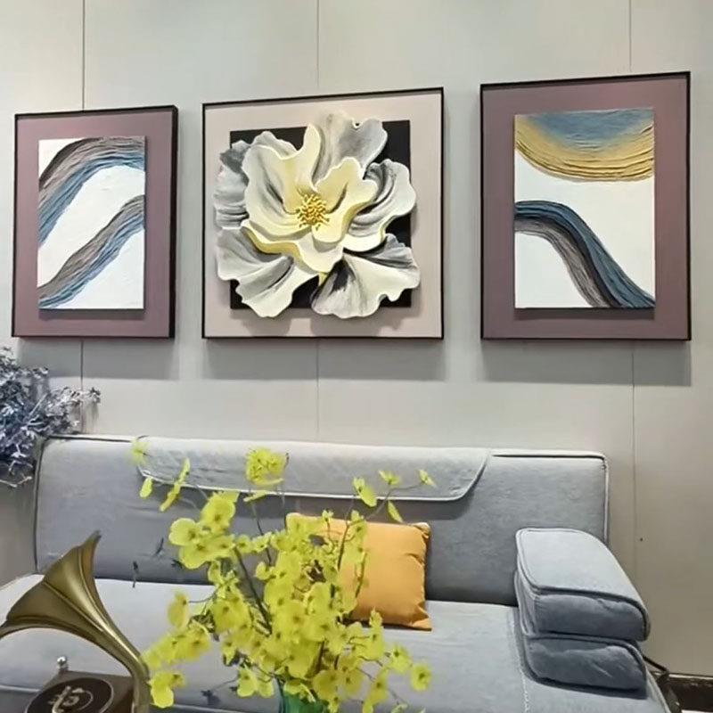轻奢高级感客厅装饰画浮雕立体感沙发后面背景墙三联挂画砂岩壁画