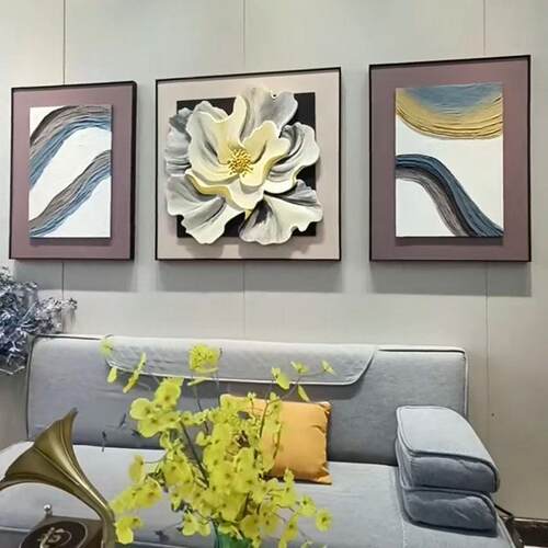 轻奢高级感客厅装饰画浮雕立体感沙发后面背景墙三联挂画砂岩壁画