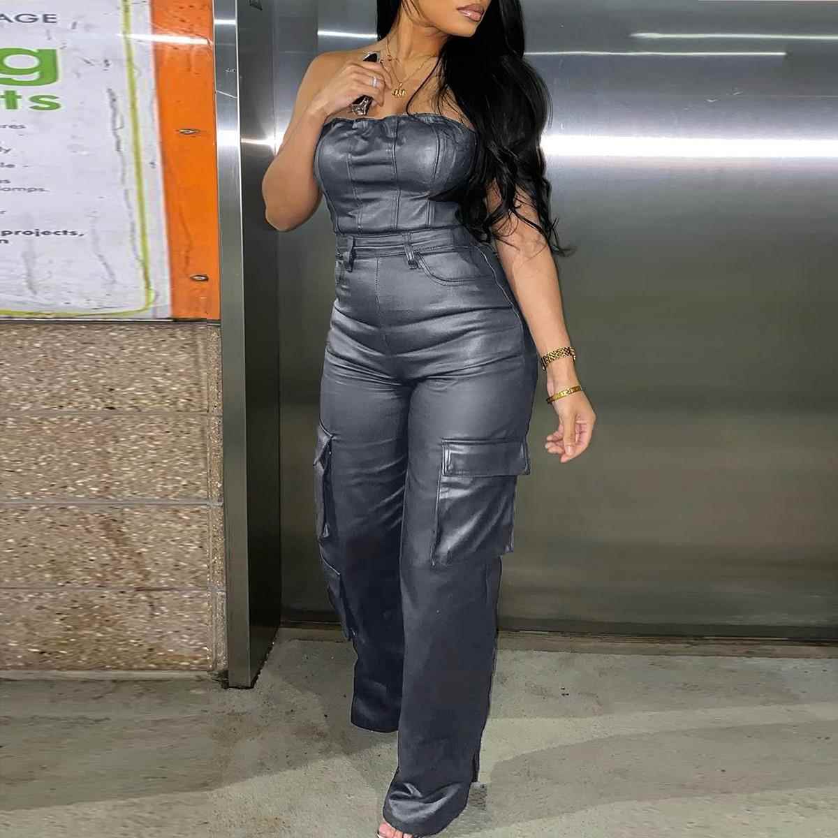 jumpsuits cargo pockets shoulder off color metallic