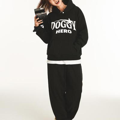 DOGGYHERO复古字母星星印花连帽秋冬加绒卫衣男女宽松休闲情侣潮