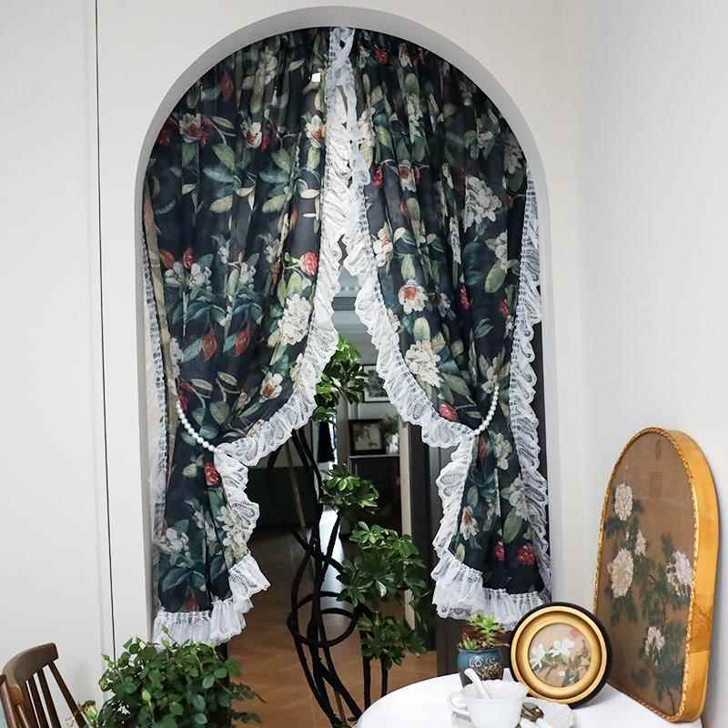 南洋复古风印花纱帘免打孔半帘小窗户短帘门帘法式中古风美式窗帘