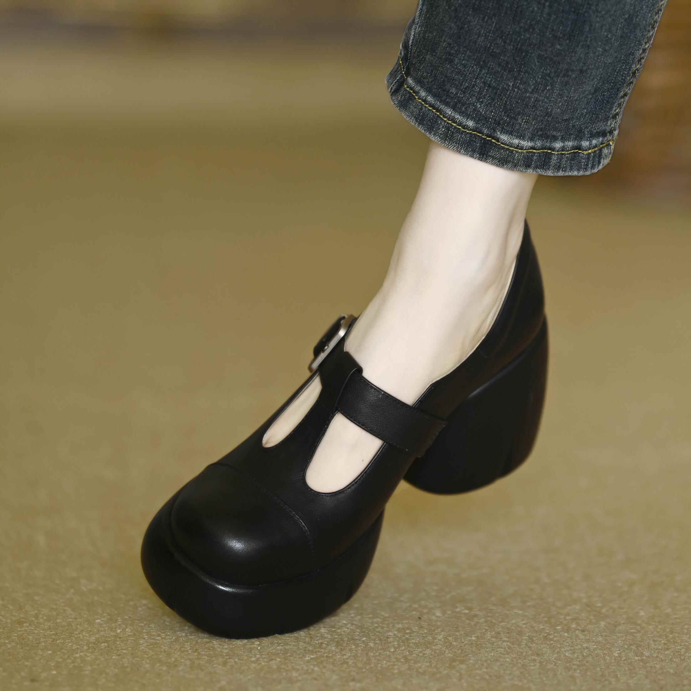 通勤8.5cm粗跟厚底包鞋女浅口春季小个子真皮防水台玛丽珍高跟鞋