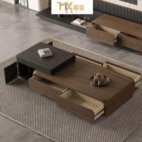 胡桃木色茶几客厅家用小户型现代简约中古风实木诧寂风电视柜组合