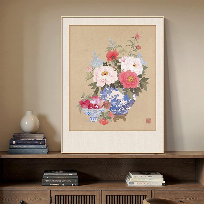 牡丹花斗柜装饰画新中式客厅桌面摆画宋代美学花开富贵挂画床头画