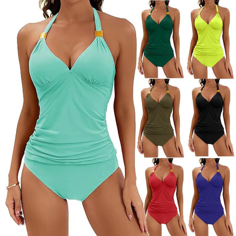 two-piece solid halter shorts with split tummy-control