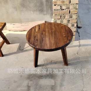 老榆木圆桌茶几实木板饭桌椅简约家用阳台桌子出租屋小茶桌矮桌