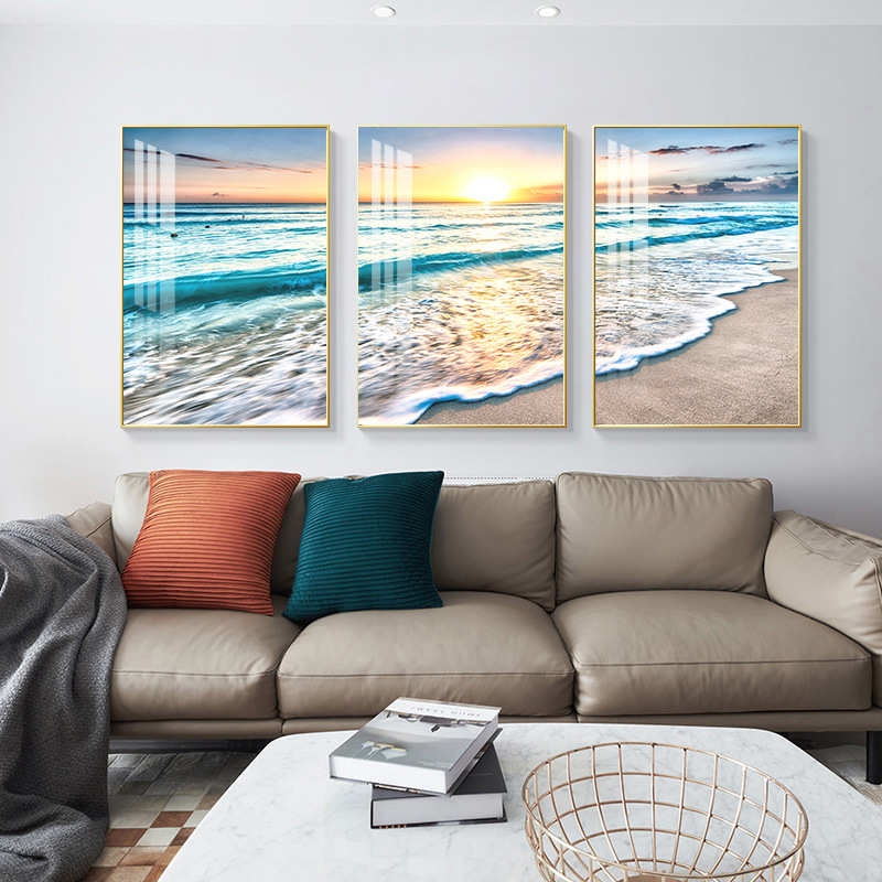 北欧客厅装饰画轻奢海景沙发背景墙简约三联壁画卧室床头晶瓷挂画图片